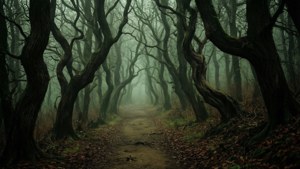 En mørk skovsti, der symboliserer en rejse gennem depression.