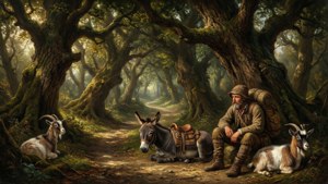 Una scena boschiva tranquilla con un viaggiatore, un asino e capre che riposano lungo un sentiero nel bosco, catturando i toni terrosi dello stile di Willem Romeyn.