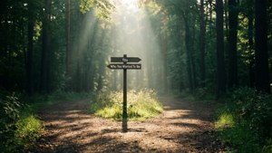 Wallpaper hutan yang tenang dengan papan penunjuk arah menuju penemuan diri
