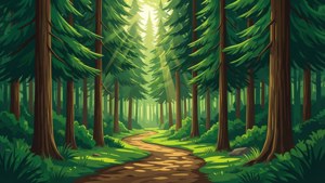 Un sentiero vettoriale piatto nel bosco con alti pini e luce solare.