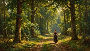 Een vrouw die over een zonnig bospad wandelt in warme groene en gouden tinten