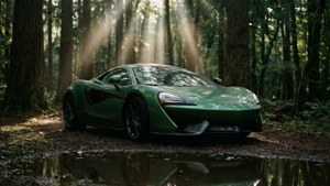 Vihreä McLaren 540C metsässä auringonsäteiden kanssa.