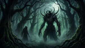 SCP Overlord mengintai di hutan gelap berkabut di bawah cahaya bulan