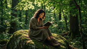KJ Apa leyendo en un bosque iluminado por el sol, pacífico y natural.
