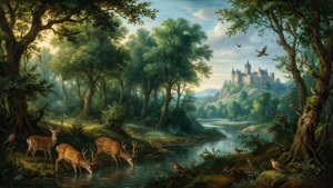 En rolig skogselvscene i Jan Brueghel den eldres stil med hjort og slott