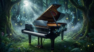 Um piano de cauda em uma floresta encantada com notas musicais luminosas subindo como vaga-lumes.