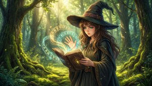 Zonnige bostafereel met een meisje met heksenhoed die een gloeiende spreuk uit een boek werpt, anime-stijl