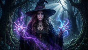 A witch channels glowing magic in a moonlit forest.