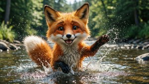 En leken scene av Fox Kids-maskoten som plasker i en elv i en frodig skog.