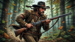Dynamische actiescène van Davy Crockett die door een bos rent.