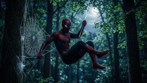 Zwarte Spiderman zwaait door een maanverlicht bos