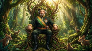Dom Pedro I como um rei da natureza em uma cena mágica de trono na floresta, misturando realeza com capricho.