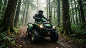 A green ATV rides through a misty forest trail, dynamic low angle.