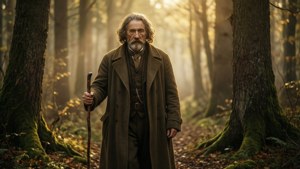 Ernst Damitz como una figura romántica en un bosque brumoso