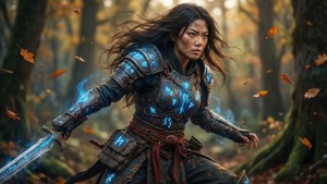 Maya Kihara som en fantasy-krigare i en höstskog