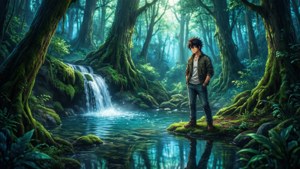 Shun Kazama ved et skovvandfald med mystisk belysning