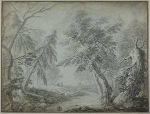 Forest with Stream and Figures by Jean-Baptiste Pillement, created n.d., in Black chalk, with brush and black wash, on blue prepared ground on ivory paper, laid — Jean-Baptiste Pillement Wallpaper