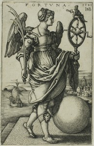 Fortune by Hans Sebald Beham, created 1541, in Engraving in black on ivory laid paper. Download this artwork as a high-resolution wallpaper for desktop, tablet, — Illustration Wallpaper