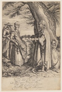 Fortune-Teller by II Jacques de Gheyn, created c. 1608, in Engraving on ivory laid paper. Download this artwork as a high-resolution wallpaper for desktop, tabl — II Jacques de Gheyn Wallpaper