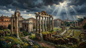 Dramatische George Hollis weergave van de ruïnes van het Forum Romanum onder onweerswolken