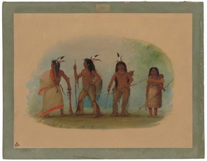 Four Apachee Indians by George Catlin, created 1855/1869, in oil on card mounted on paperboard. Download this artwork as a high-resolution wallpaper for desktop — George Catlin Wallpaper