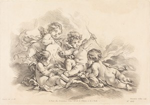 Four Cherubs at Target Practice by Gilles Demarteau, in chalk manner in black on laid paper. Download this artwork as a high-resolution wallpaper for desktop, t — Art Picture