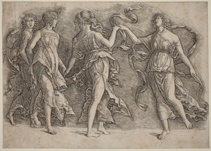 Four Dancing Muses by Andrea Mantegna, created after 1497, in engraving on laid paper. Download this artwork as a high-resolution wallpaper for desktop, tablet, — Art Picture