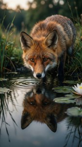 Schattige vos die naar zijn weerspiegeling kijkt in een vijver met waterlelies.