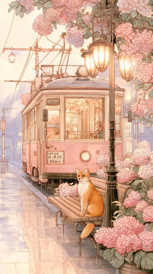 Ein Fuchs sitzt auf einer Bank neben rosa Hortensien, während eine altmodische rosa Straßenbahn unter Straßenlaternen in einer nebligen Stadtszene leuchtet. — Fox Aesthetic Wallpaper