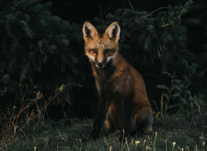 Un zorro rojo se sienta en la hierba cerca de pinos por la noche con ojos brillantes. — Flor salvaje en praderas Fondos de pantalla