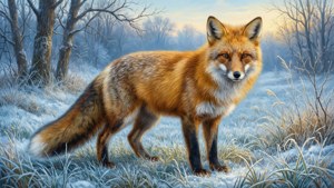 En rødrev står på vakt i en snødekt eng ved daggry, malt i Audubons naturalistiske stil