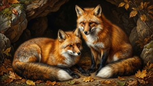 To rødrever ved hiet sitt blant høstløv, malt i Audubons naturalistiske stil