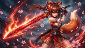 Homura Momiji i en episk actionpositur med et glødende sværd og hvirvlende kirsebærblomster.