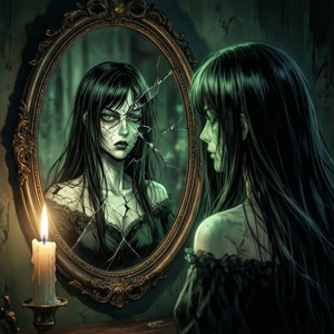 Veil Manga ser et fragmenteret alternativt jeg i et spejl med uhyggeligt grønt lys.
