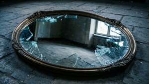 Uno sfondo di uno specchio frantumato su pavimento di pietra, che riflette una stanza vuota, simboleggiando l'esistenza spezzata.