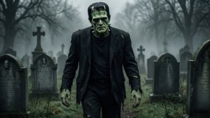 Frankensteins monster vandrer på en tåget kirkegård.