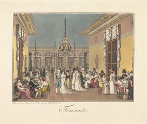 Frascati by Philibert-Louis Debucourt, created 1807, in etching and aquatint with hand coloring on wove paper. Download this artwork as a high-resolution wallpa — Philibert-Louis Debucourt Wallpaper