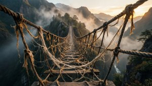 Weathered rope bridge across a misty canyon at sunset