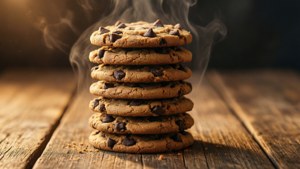 Tumpukan tinggi kue keping coklat hangat dengan kepingan yang terlihat dan uap.