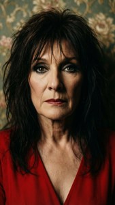 Primo piano drammatico di Anni-Frid Lyngstad in rosso con illuminazione intensa.