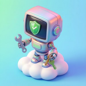 Et isometrisk bakgrunnsbilde av en søt robot som representerer det vennlige ansiktet til DevSecOps.