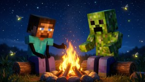 Un fond d'écran chaleureux du stickman créant un lien avec un creeper près d'un feu de camp.