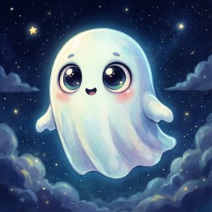 Ett sött indie animationsstil spöke på en stjärnhimmel.