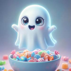 Niedlicher lächelnder Geist, der über einer Schale mit Halloween-Süßigkeiten schwebt.