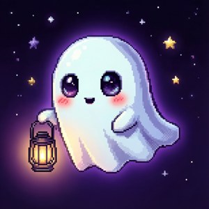Hantu pixel lucu melayang dengan lentera