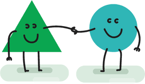 Two smiling geometric shapes shaking hands on platforms. — Happy Wallpaper