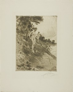 Frightened by Anders Zorn, created 1912, in Etching on ivory laid paper. Download this artwork as a high-resolution wallpaper for desktop, tablet, or mobile. — Illustration Wallpaper