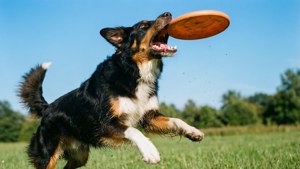 Seekor anjing mencoba menangkap frisbee di udara, menunjukkan energi dan kegembiraan.