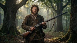 Thomas Kirk debout dans une forêt brumeuse des Appalaches à l'aube avec un long fusil.