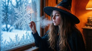 Accogliente wallpaper invernale di una ragazza con cappello da strega che disegna un incantesimo di ghiaccio vicino a una finestra innevata
